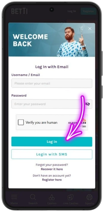 Betti Casino confirm login and access account