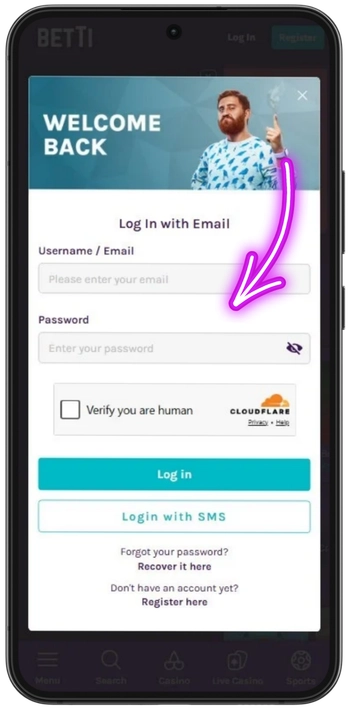 Betti Casino entering login credentials
