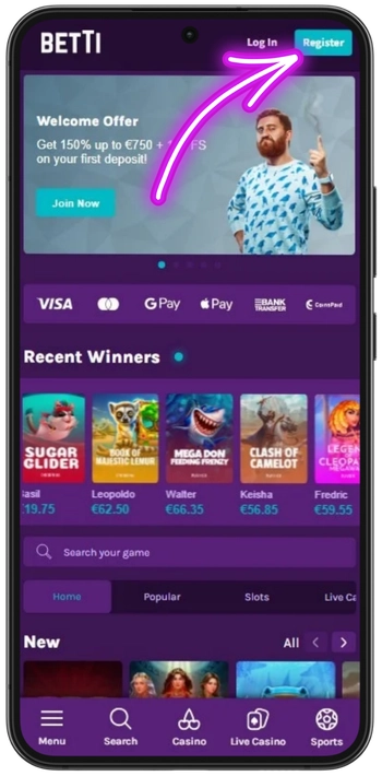 Betti Casino Log In button top right corner