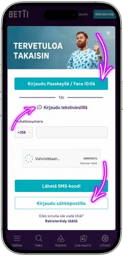 Betti Casino kirjautumistavan valinta
