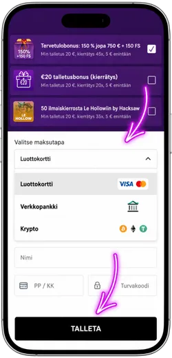 Betti Casino maksutavan valinta