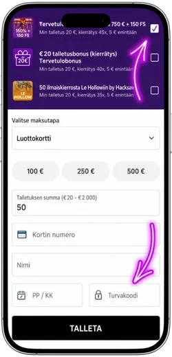 Betti Casino talletusnäkymä